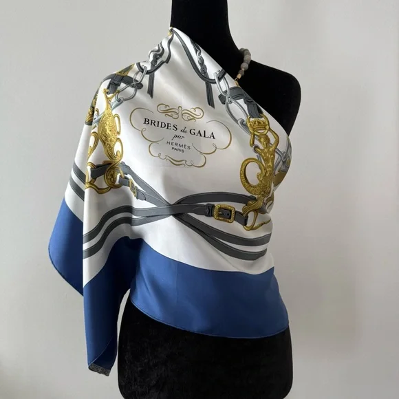 Hermès Brides de Gala Silk Scarf in Royal Blue White & Gold - Picture 11 of 14